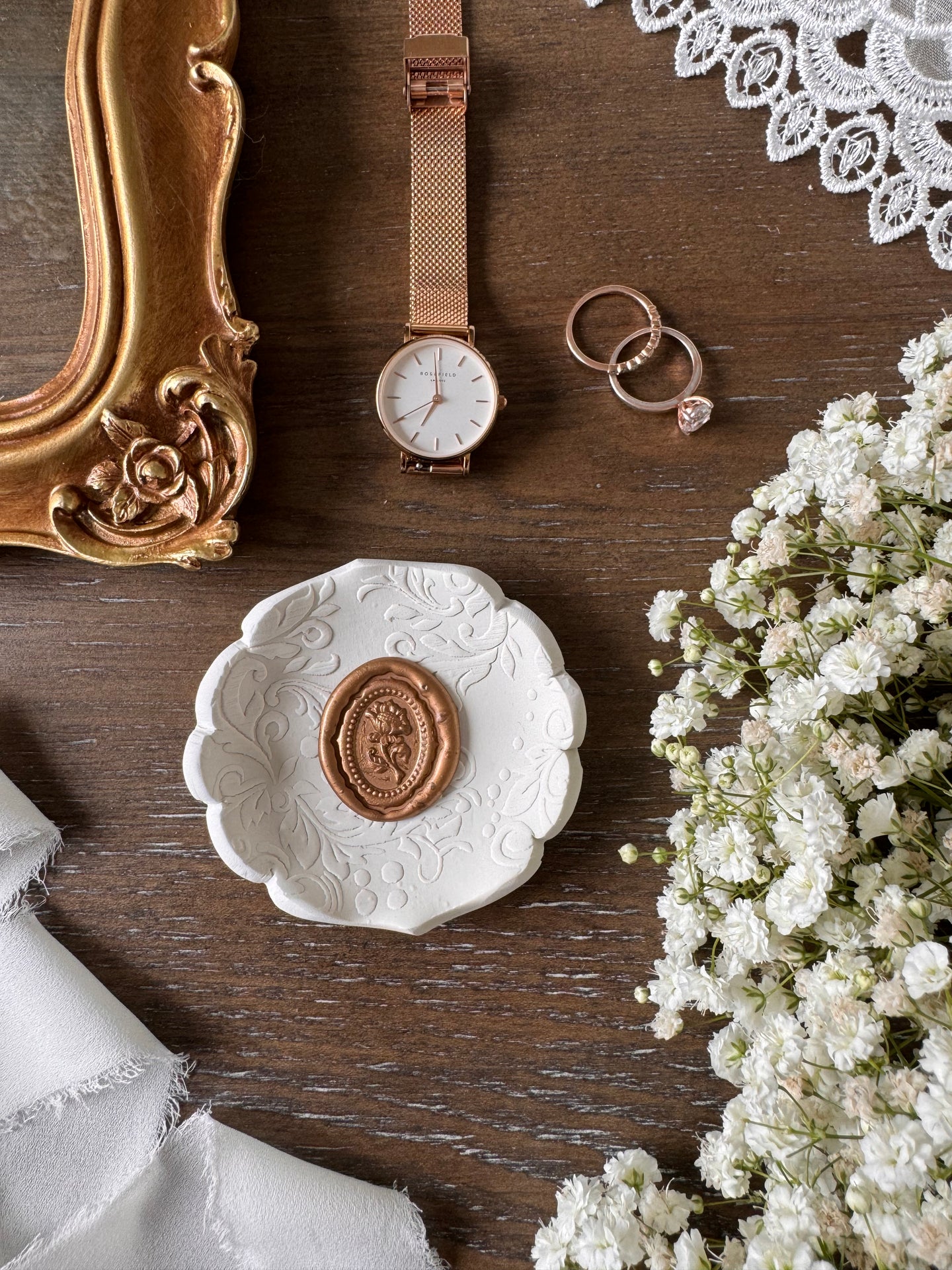 white ring dish with gold signet in center, custom designed, vintage inspired